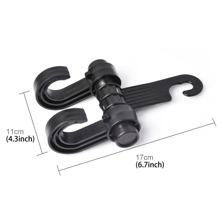 Black double hook headrest hanger with size dimensions shown for each hook