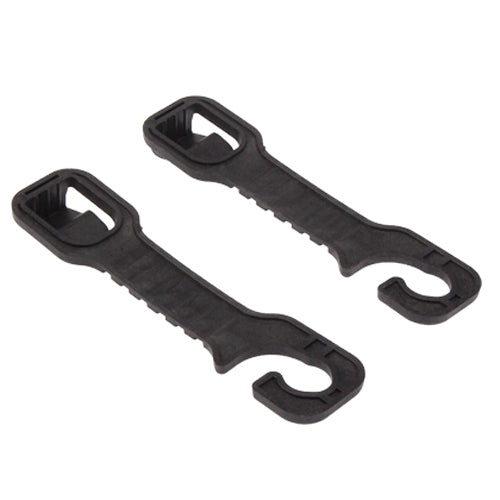 Two-piece black car seat hook with curved loops and ribbed strap