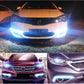 Car front with bright blue-white LED daytime running lights turned on