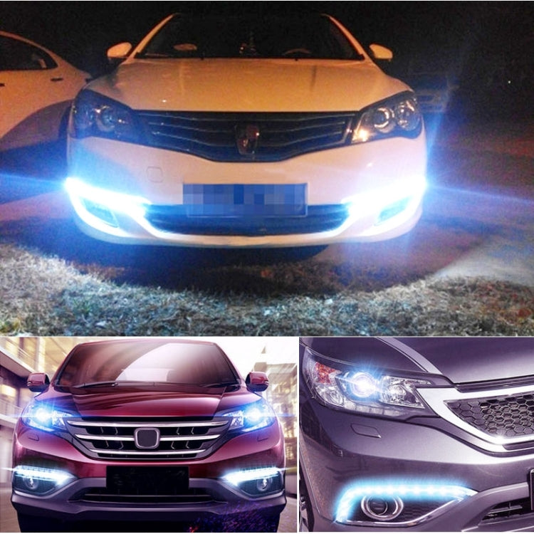 Car front with bright blue-white LED daytime running lights turned on