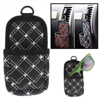 Black PU leather car phone storage pouch with white diamond stitching and top loop handle
