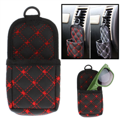 Black PU leather car phone storage pouch with red diamond stitching, top loop handle