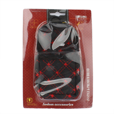 Black PU leather phone storage pouch with red diamond stitching, in retail blister package