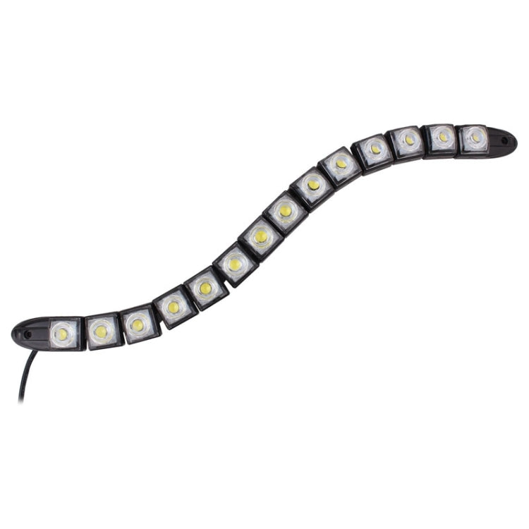 Curved flexible LED daytime running light strip with square LEDs and a trailing power wire