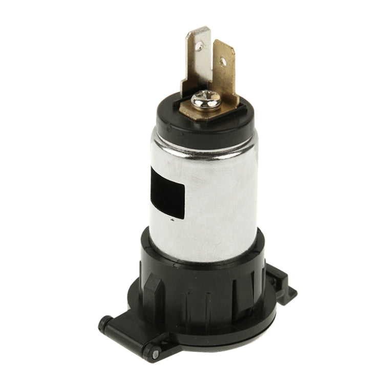 12V power outlet plug with silver metal housing, black base, and two mounting prongs