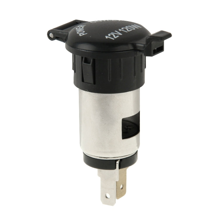 12V power outlet plug with black top cover, silver cylinder body, and side mounting tabs