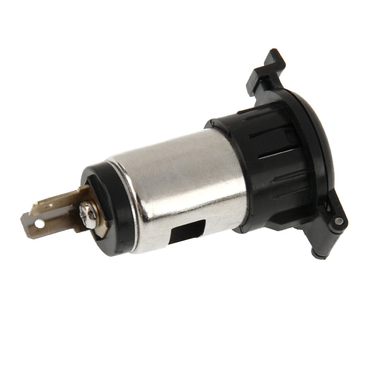 12V power outlet plug with silver cylindrical body, black housing, and side connector pins