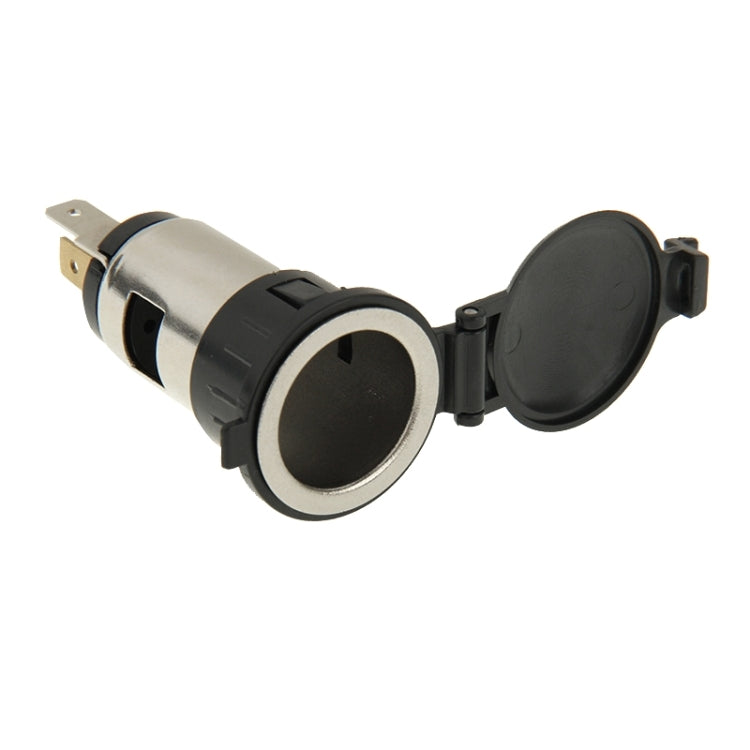 12V power outlet plug with flip-open dust cover and circular socket opening