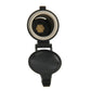 12V power outlet plug with open cap, hexagonal metal contact inside, and black cover