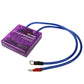 Voltage stabilizer monitor with blue cable and ring terminals, compact purple unit