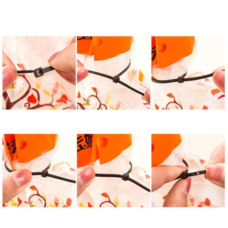 Nylon self-locking cable tie being threaded through the locking head, close-up