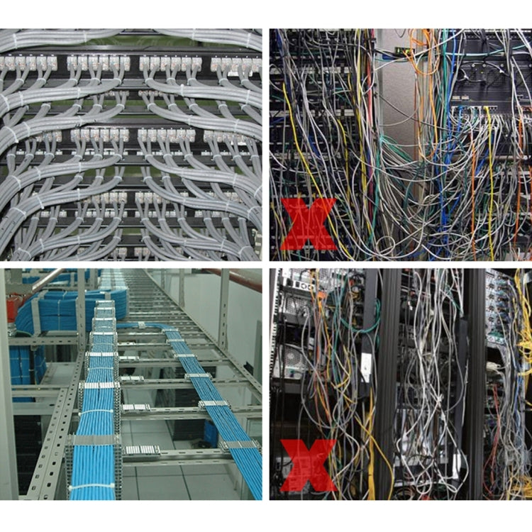 Cable management with gray self-locking zip ties securing bundled wires in rows