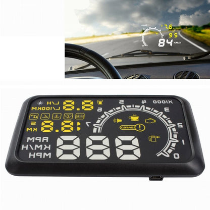Black 5.5-inch car OBDII HUD display with yellow speed and fuel icons