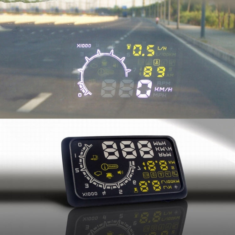 Vehicle OBD2 HUD fuel projector with LED gauge icons and warning indicators