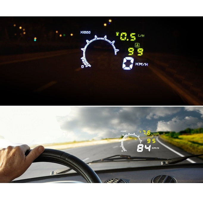 Vehicle-mounted OBD2 HUD projecting illuminated gauge readouts on windshield