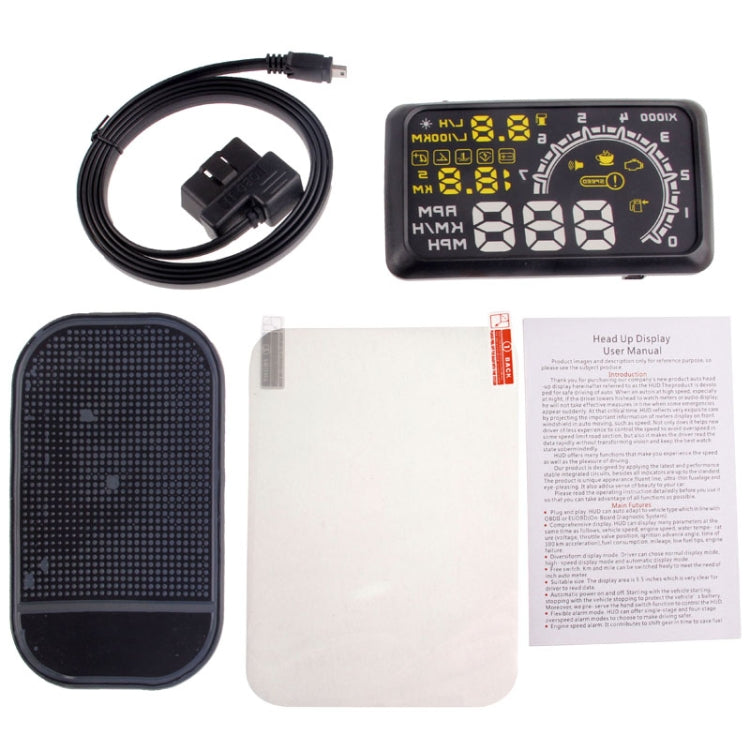 OBD2 HUD projector kit with display unit, cable, and dotted mounting panel