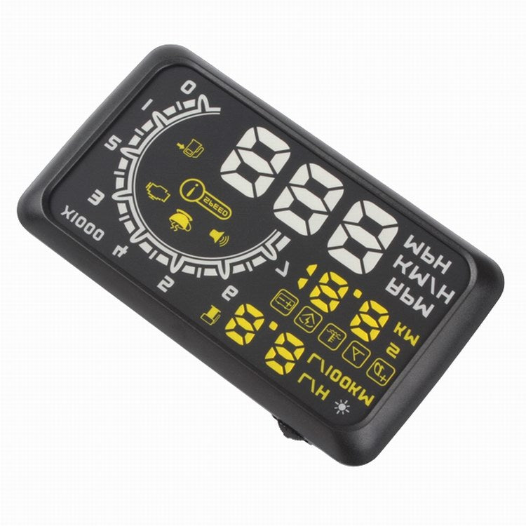 Black HUD projector unit with tilted display showing fuel and speed readouts