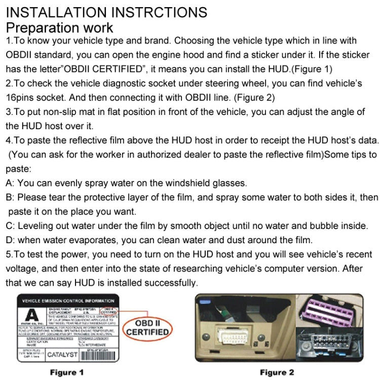 HUD installation instructions sheet with preparation steps and setup figures
