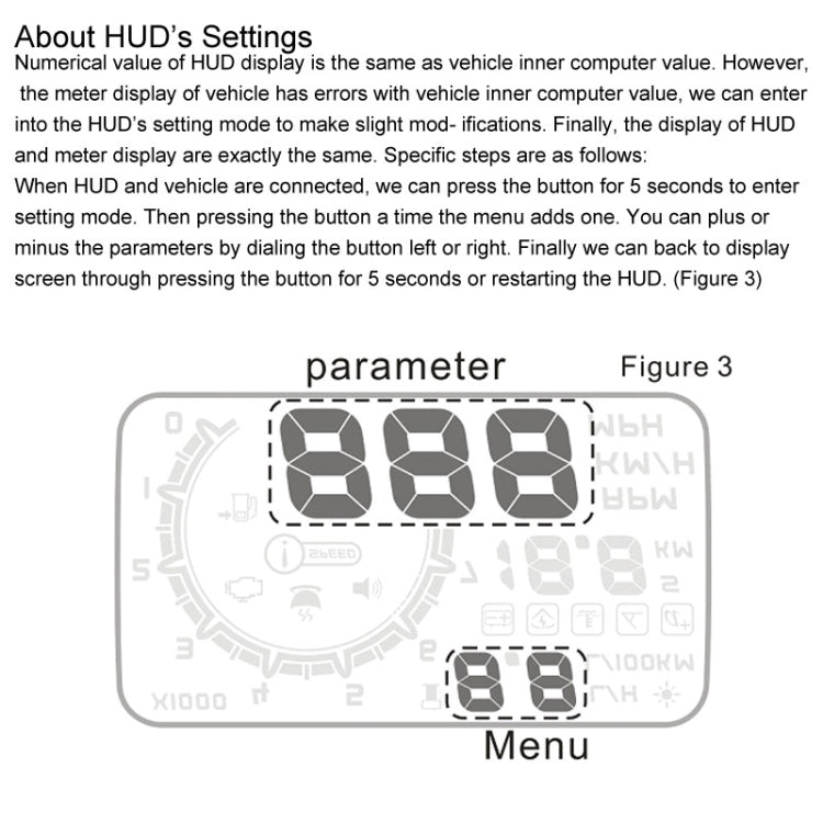 HUD settings illustration showing menu and parameter selection layout