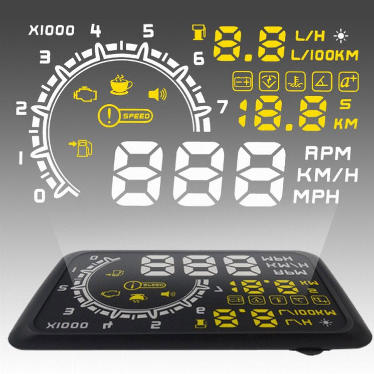 Car OBDII HUD projector showing yellow gauges, speed, RPM, and fuel indicators
