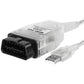 J2534 OBD connector with USB plug on transparent housing, showing port label