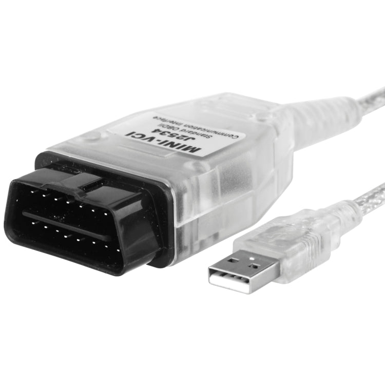 J2534 OBD connector with USB plug on transparent housing, showing port label