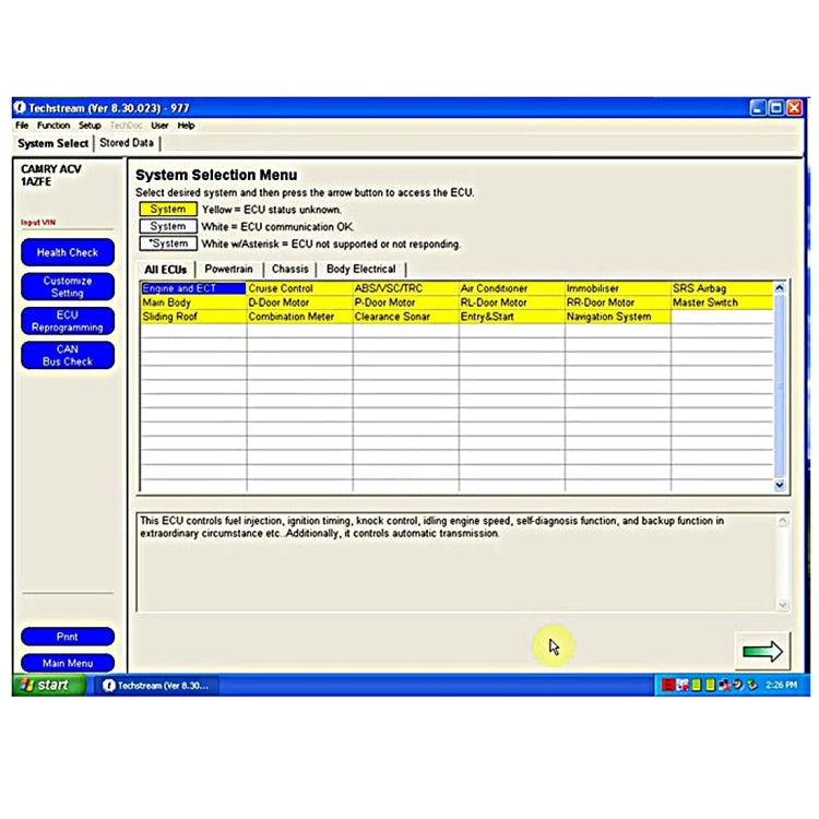 GTS Diagnostics system selection menu for Camry ACV