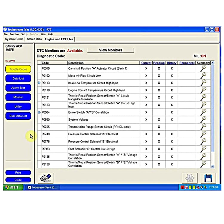 GTS Diagnostics DTC monitor list with system and code table