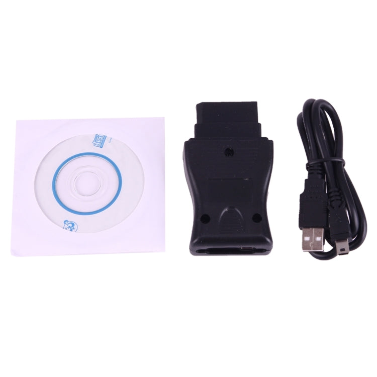 Diagnostic interface tool kit: USB cable, small disc, and OBD 14-pin adapter