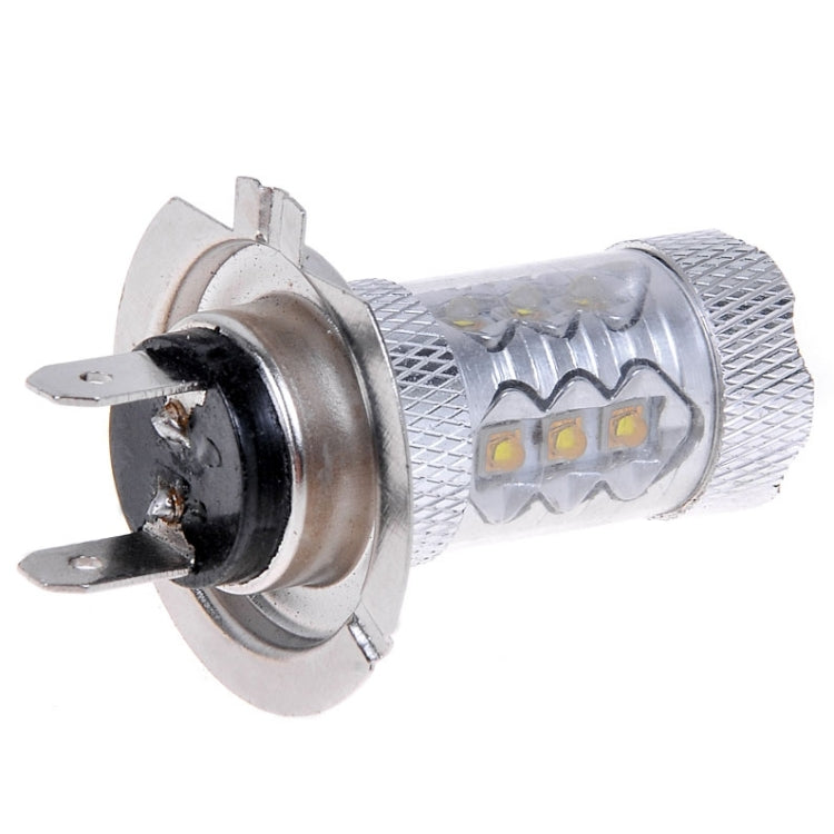 H7 LED fog light bulb with metal base and exposed LED chips, side view