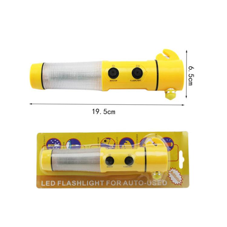 Yellow emergency LED flashlight with silver textured tube and side controls