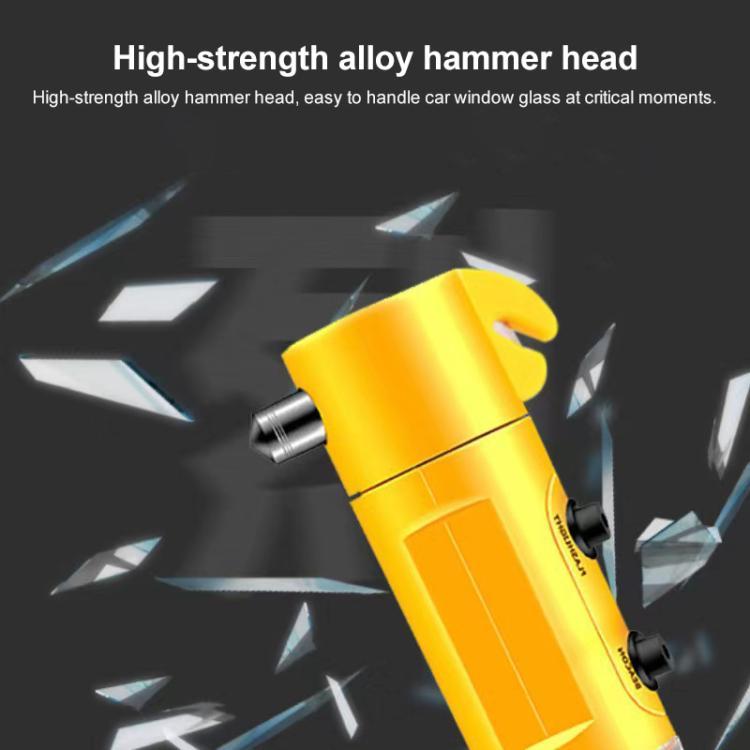 Yellow emergency flashlight with metal hammer head