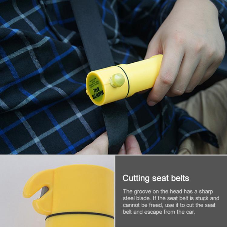 Yellow emergency flashlight with seat-belt cutting head, held in a hand
