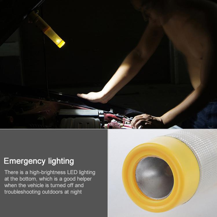 Yellow emergency flashlight with circular front lens and silver textured body