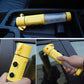 Yellow emergency LED flashlight with silver textured tube, shown in a vehicle tray