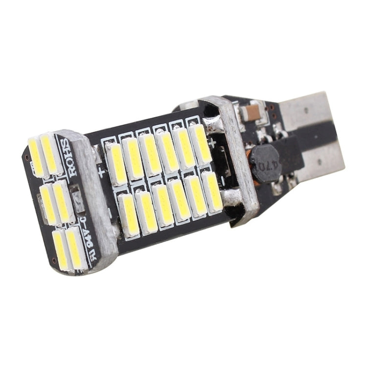 T15 LED backup bulb with stacked white LED chips and silver-plated connector pins.