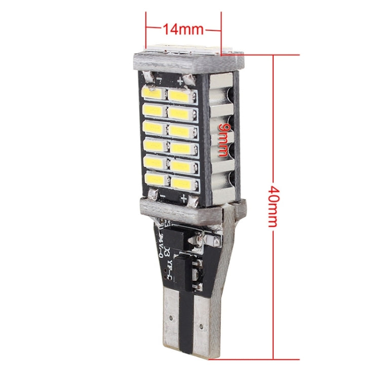 T15 LED backup bulb size view: 14mm width and 40mm length, black housing.