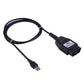 OBDII diagnostic cable with USB-A plug and black OBDII adapter connector