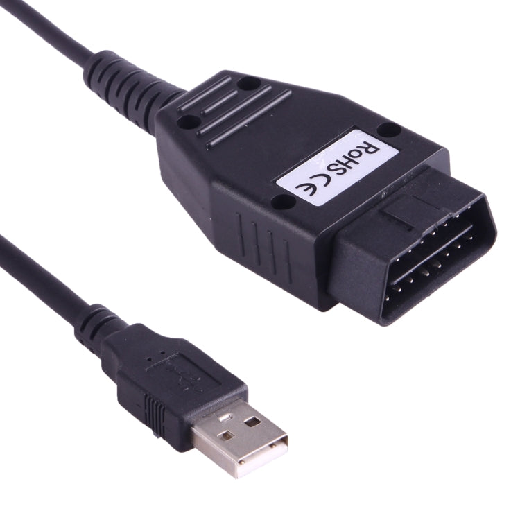 OBDII cable with black OBD connector and USB-A plug showing metal contacts