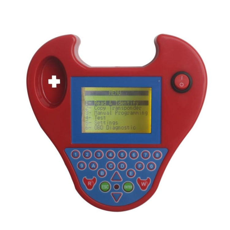 Red mini key transponder programmer with LCD screen, numbered keypad, and power button