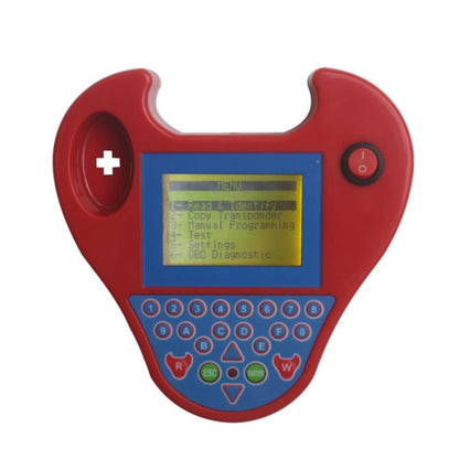 Red mini key transponder programmer with LCD screen, numbered keypad, and power button