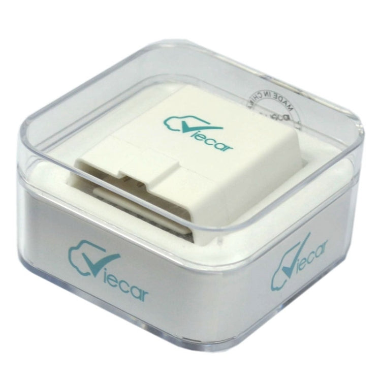 Viecar OBDII Bluetooth scanner in clear protective case, white unit with logo