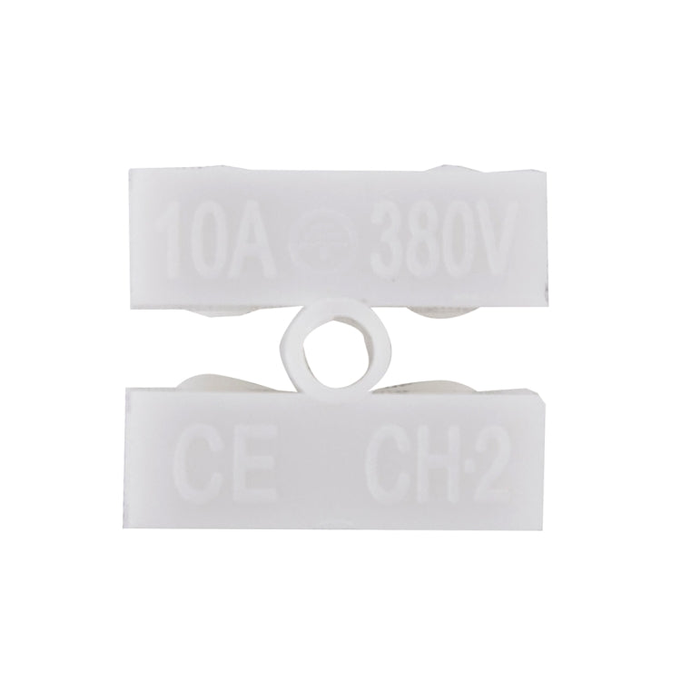 White wiring terminal block with embossed ratings text, 2-way push connector