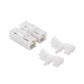 Set of white 2-way push quick cable connector terminals, visible dual entry channels