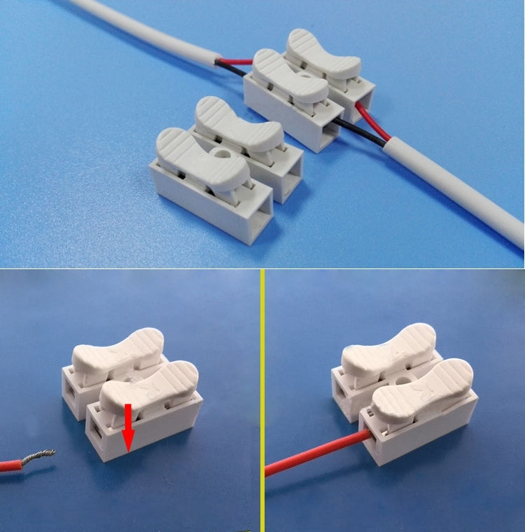 White 2-way push quick cable connectors used with red and blue wiring leads