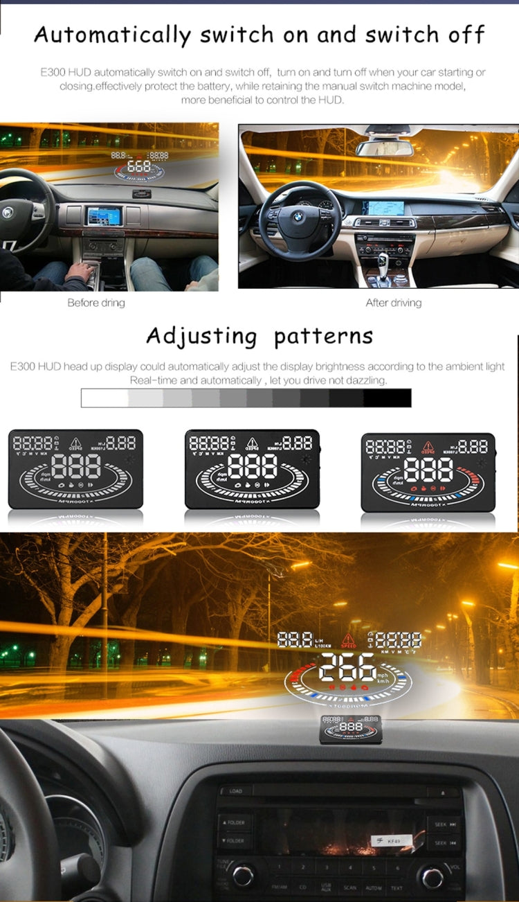 E300 5.5-inch car head-up display showing red speed and warning icons