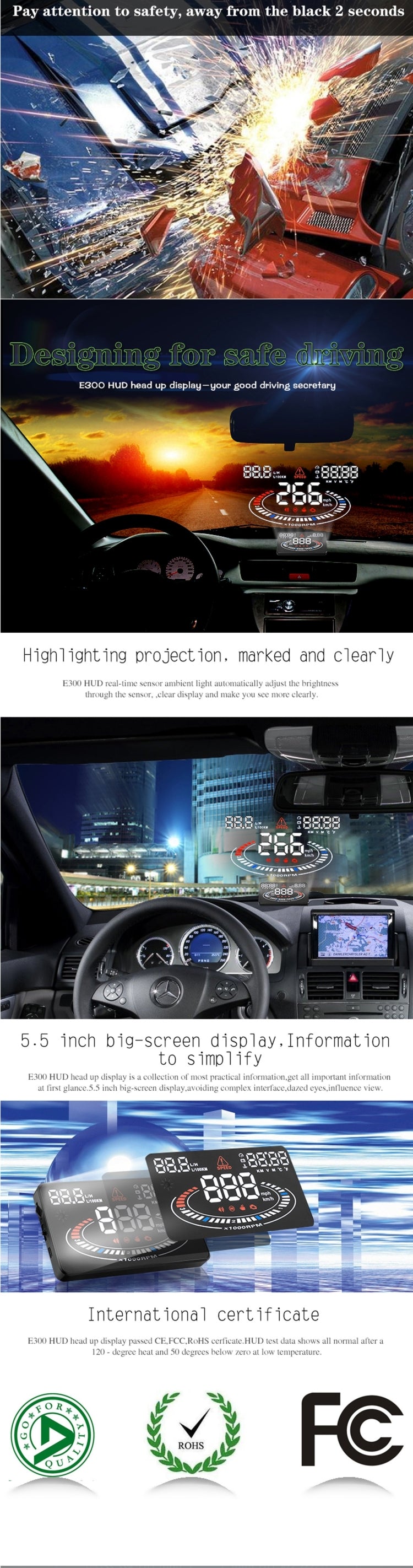 E300 car head-up display with readouts for speed, fuel, and water temperature