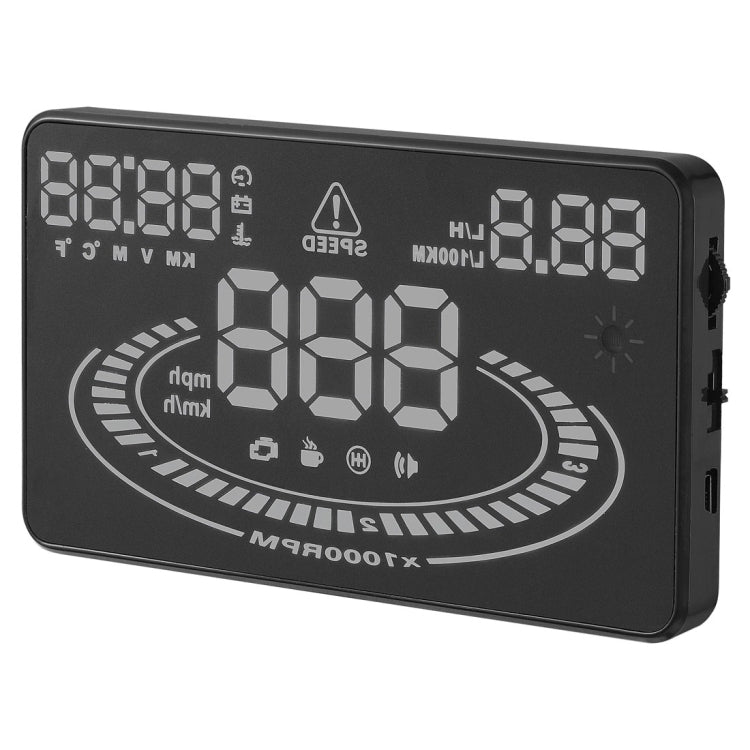 Side view of black E300 HUD head up display showing device thickness and screen.