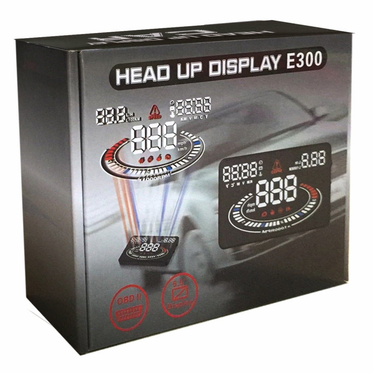 Retail box for E300 head up display HUD with device preview graphics.