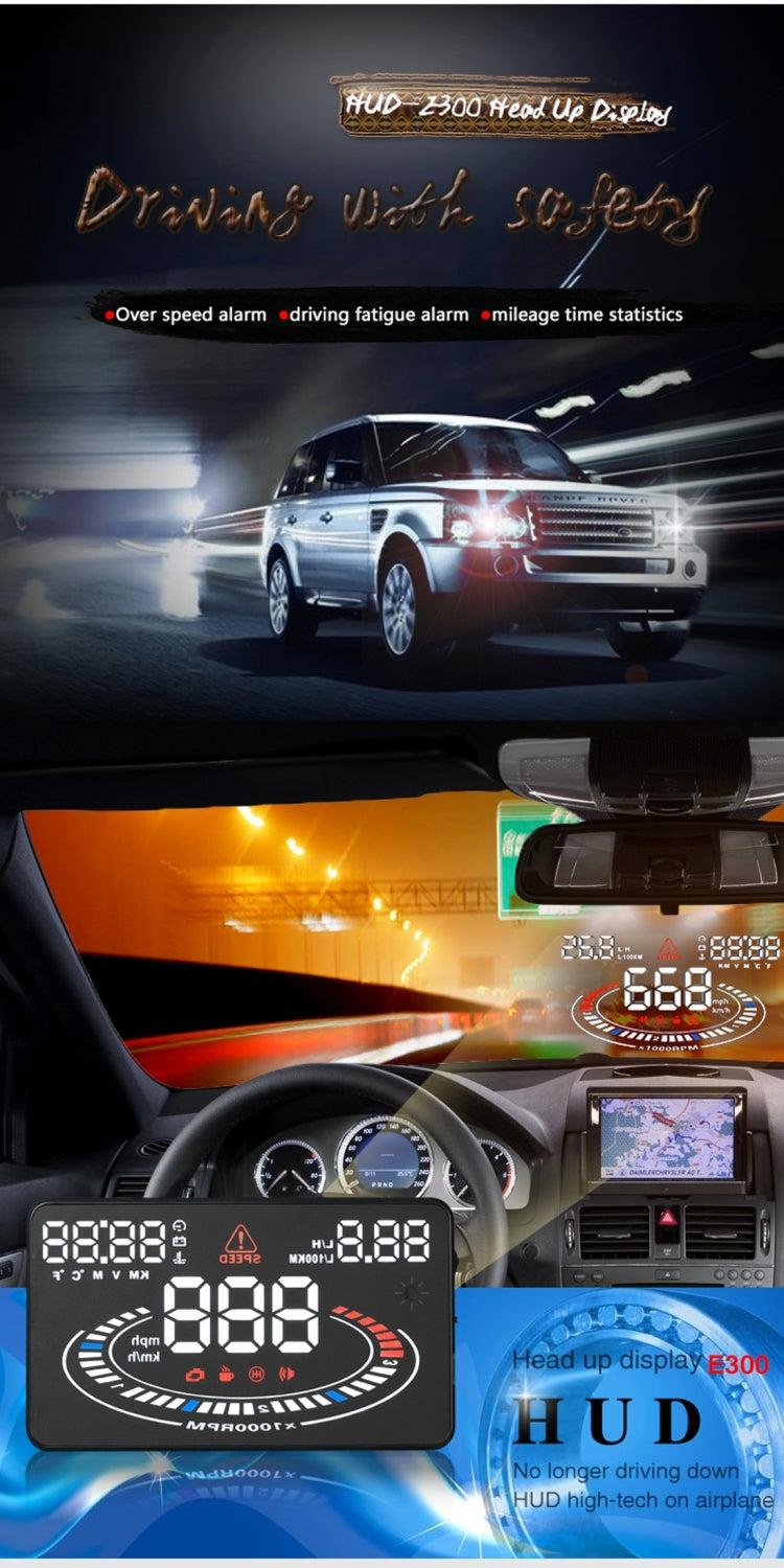 E300 HUD head up display installed in car, showing speed and system alert readouts.